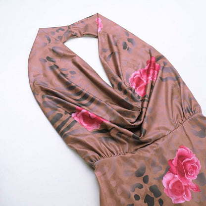 Halter cowl neck flower print ruched maxi dress