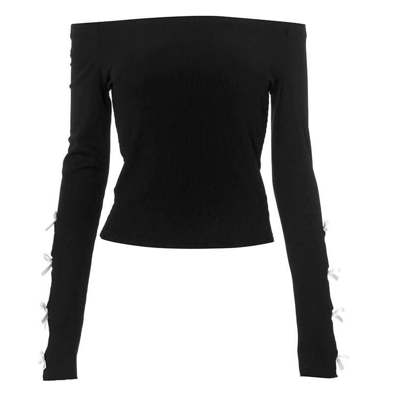 Long sleeve off shoulder bowknot hollow out ribbed cut out top
