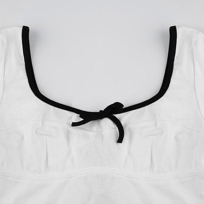 Square neck bowknot contrast long sleeve crop top