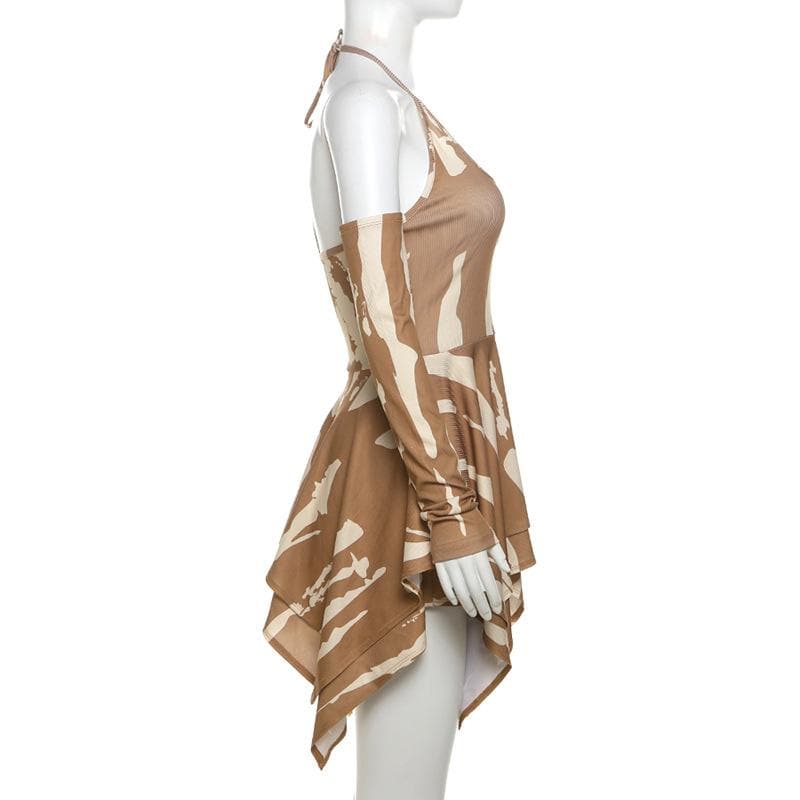 Long sleeve hollow out halter self tie ribbed cut out mini dress