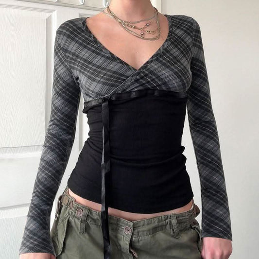Long sleeve striped print v neck bowknot ribbon top