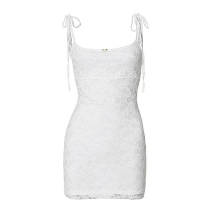 U neck lace self tie flower applique cami mini dress
