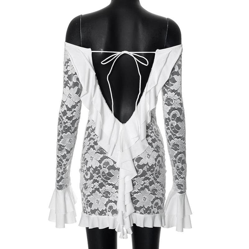 Long flared sleeve lace up lace see through mini dress