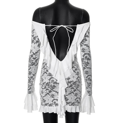 Long flared sleeve lace up lace see through mini dress