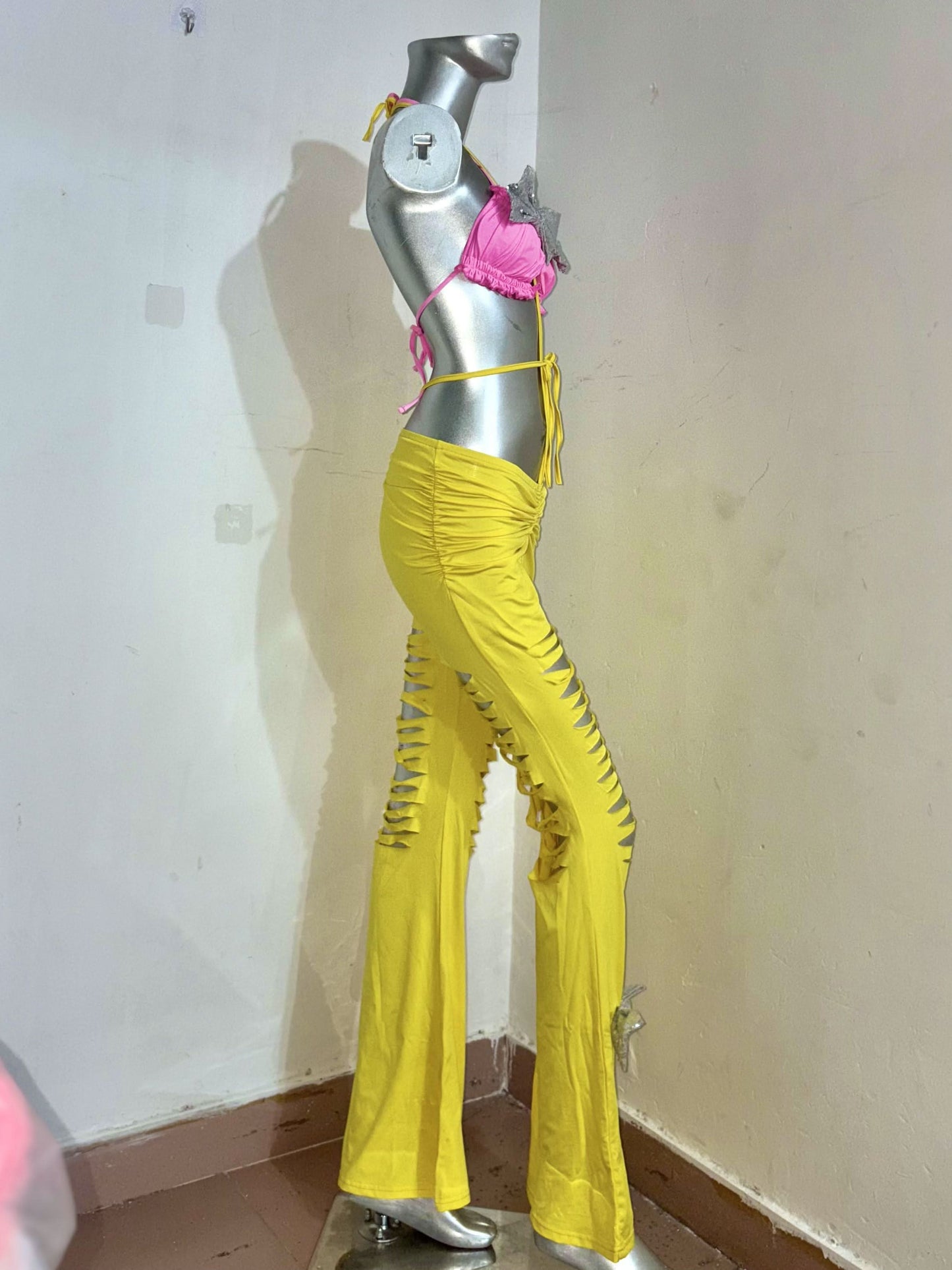 Halter bowknot ruched contrast hollow out self tie low rise pant set