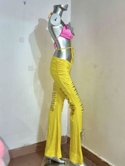 Halter bowknot ruched contrast hollow out self tie low rise pant set