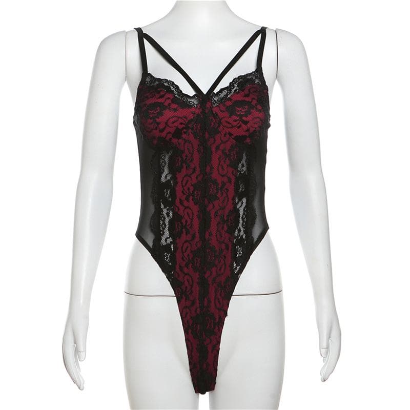 Patchwork v neck lace contrast bodysuit