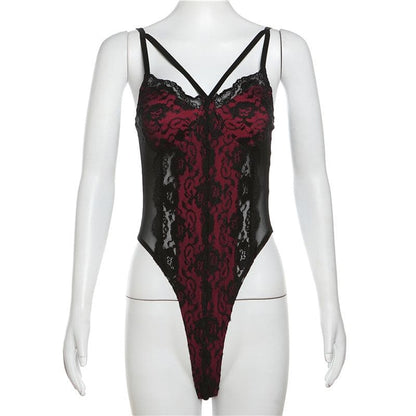 Patchwork v neck lace contrast bodysuit