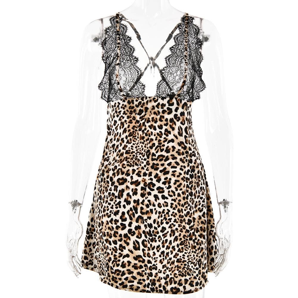 V neck leopard print lace see through cami mini dress