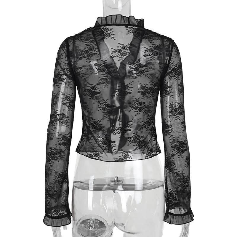 Long sleeve v neck lace self tie top