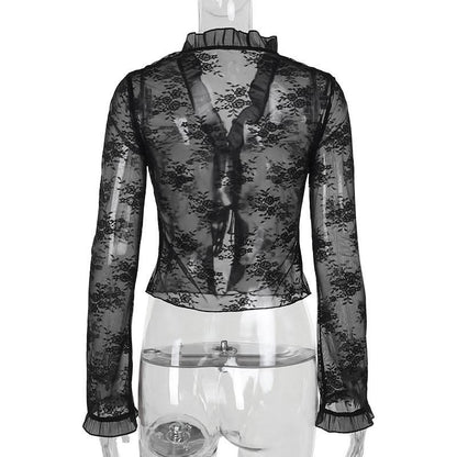 Long sleeve v neck lace self tie top