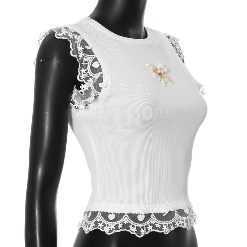 Lace hem ribbed butterfly applique top