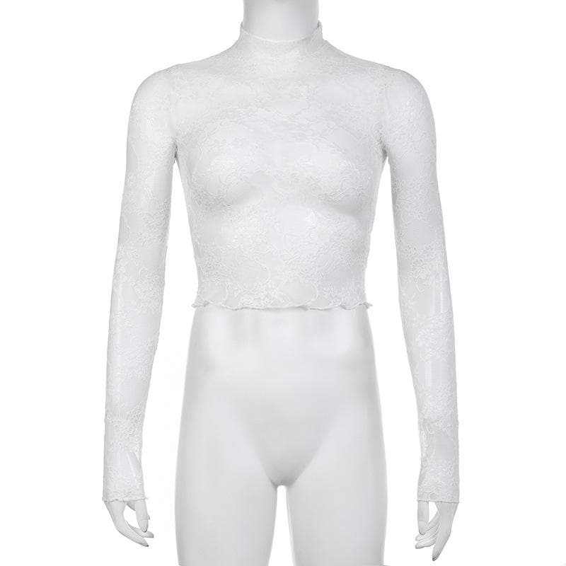 Long sleeve high neck lace see through top