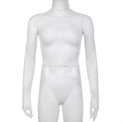 Long sleeve high neck lace see through top