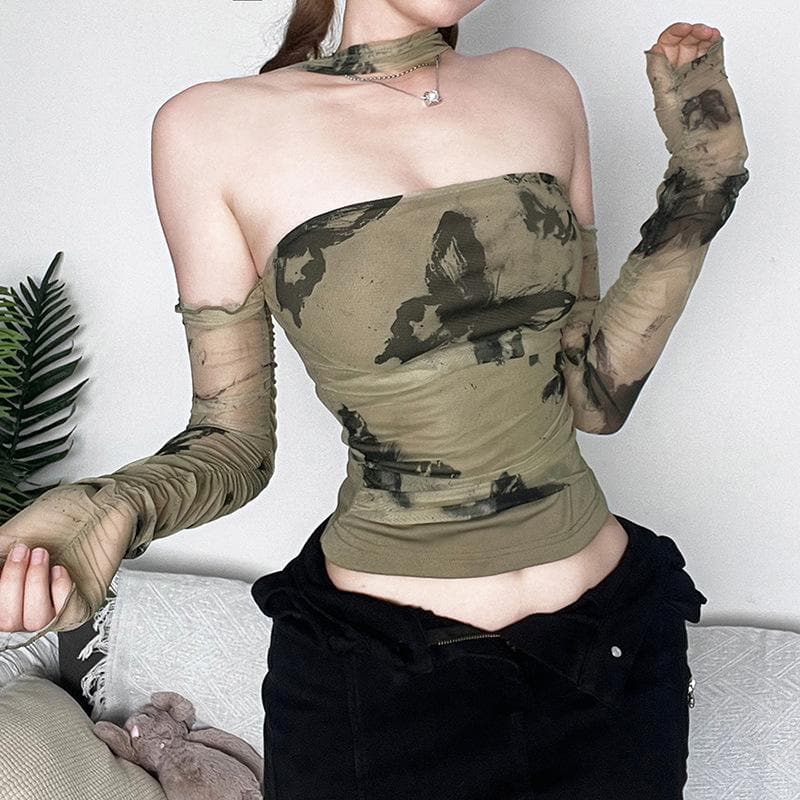Mesh butterfly pattern off shoulder contrast long sleeve top