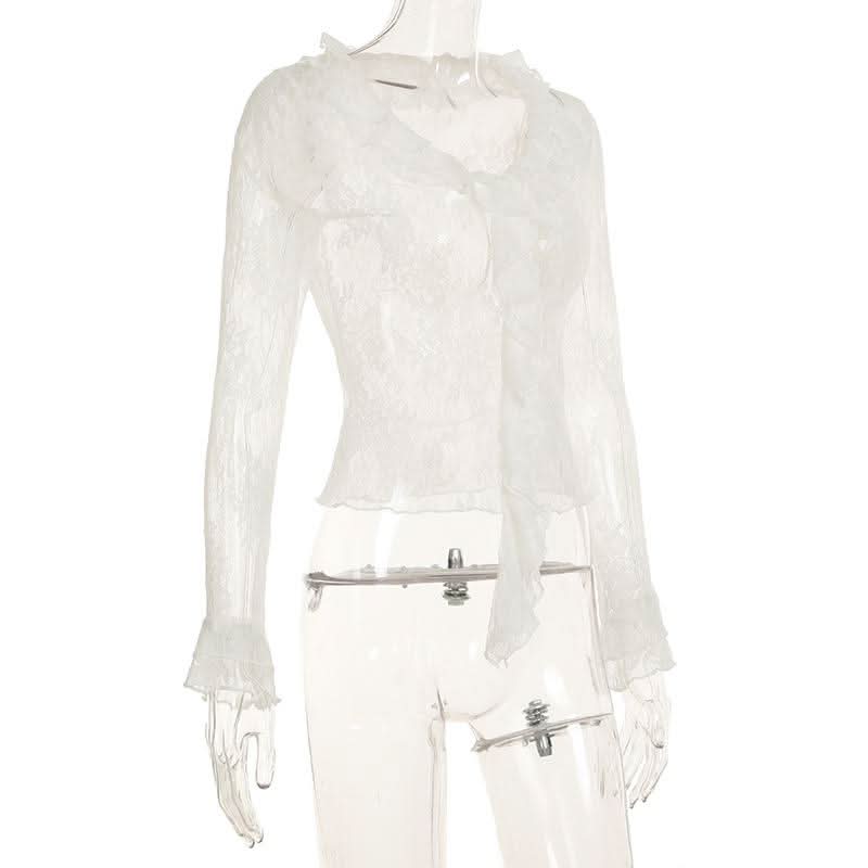 Long sleeve ruffle lace see through top