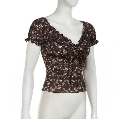 Short shoulder flower print ruffle top