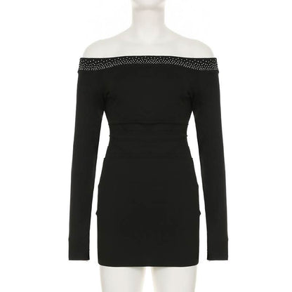 Off shoulder long sleeve beaded ruched mini dress