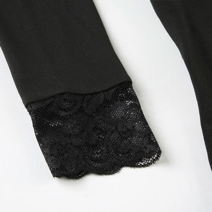Long sleeve lace hem square neck solid top
