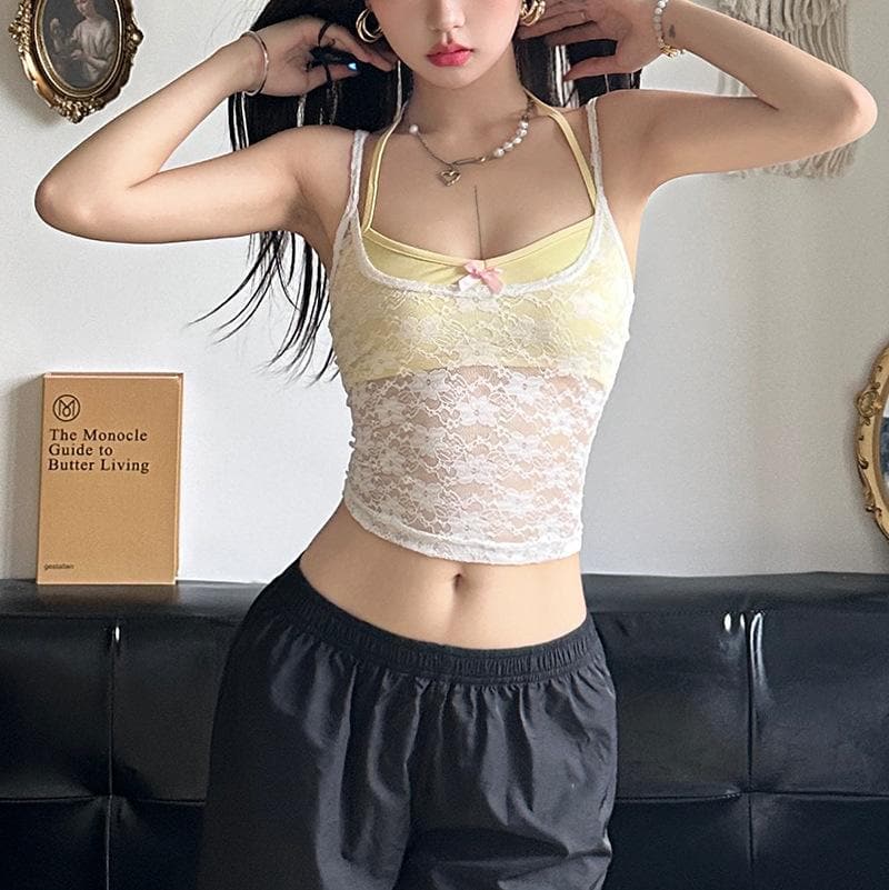 Halter lace bowknot 2 piece top