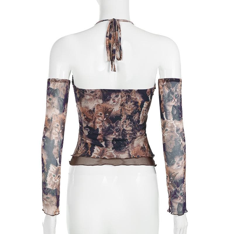 Halter gloves cat print lace hem top