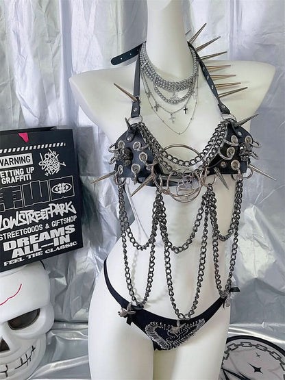 Halter rivet PU leather metal chain top