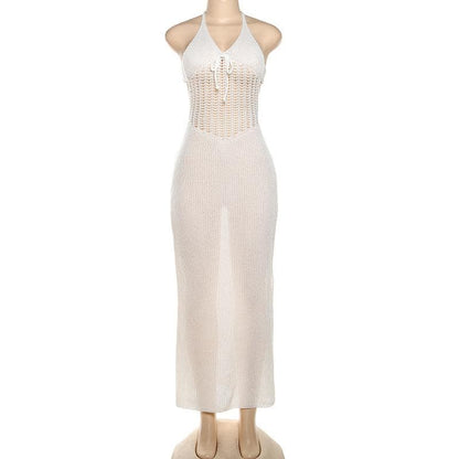Knitted hollow out see through halter cut out maxi dress