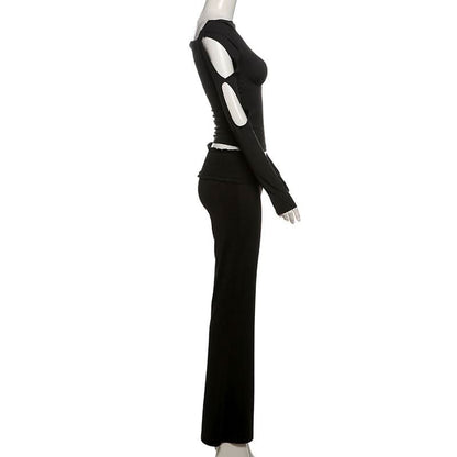 Long sleeve hollow out off shoulder smocked pant set