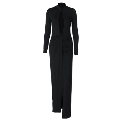 Long sleeve hollow out high slit ruched cut out maxi dress