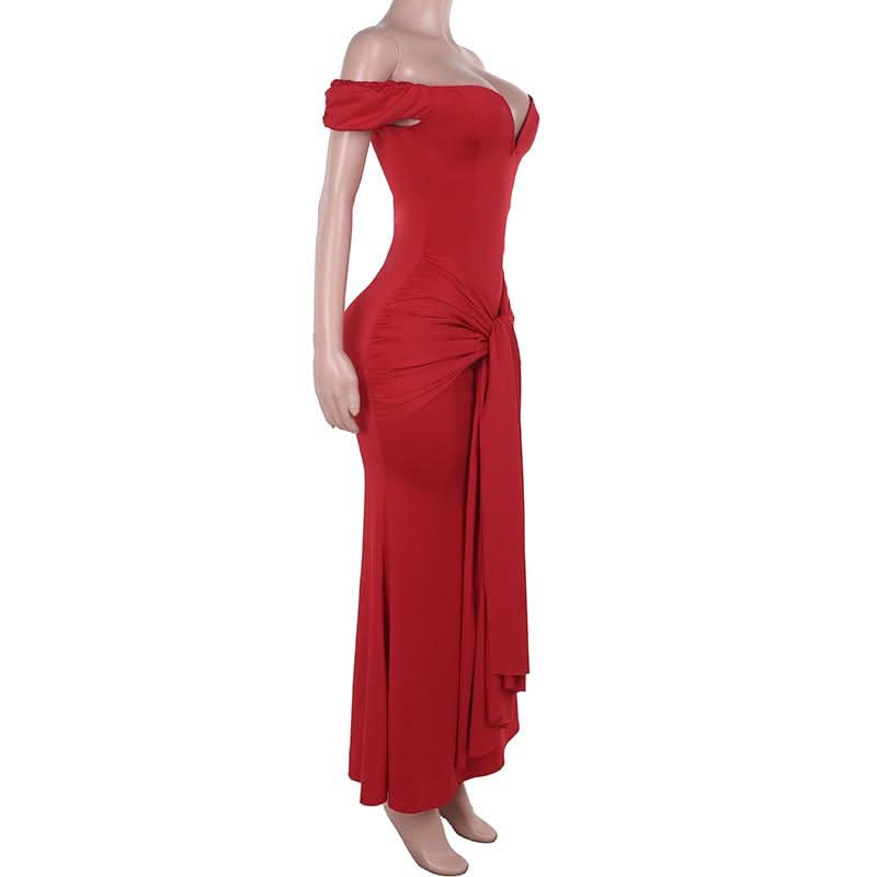 Off shoulder ruched knotted zip-up maxi dress