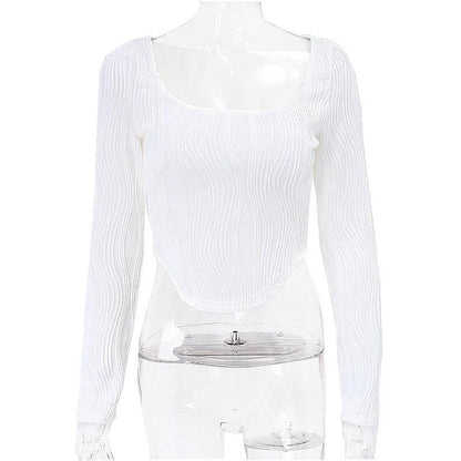 Textured u neck solid long sleeve corset crop top