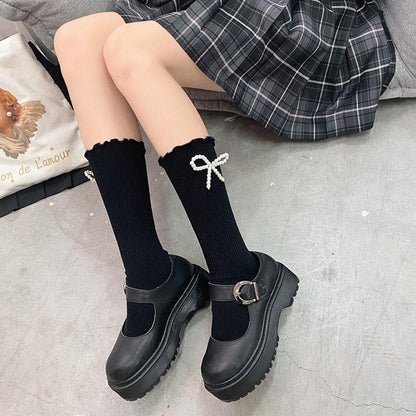 Ruffle faux pearl bowknot long socks
