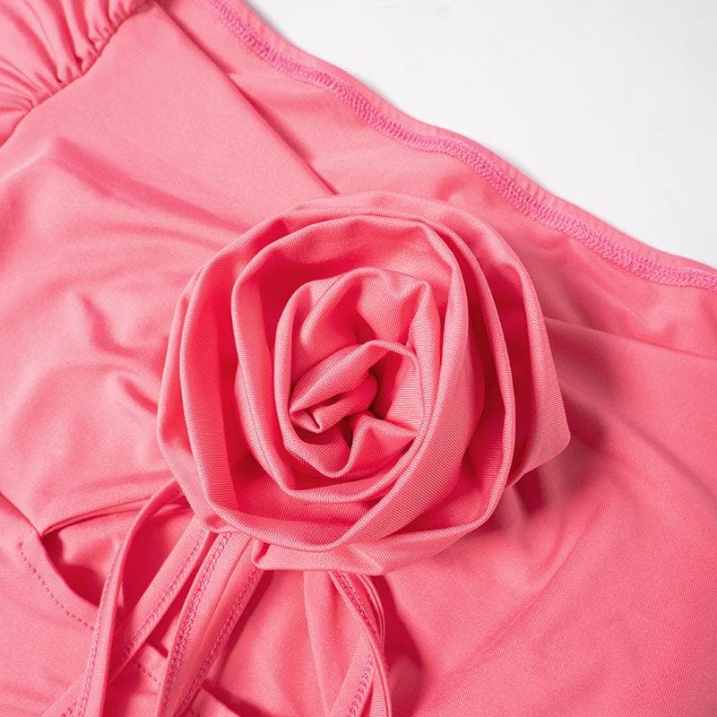 Flower applique hollow out ruched long flared sleeve cut out mini dress