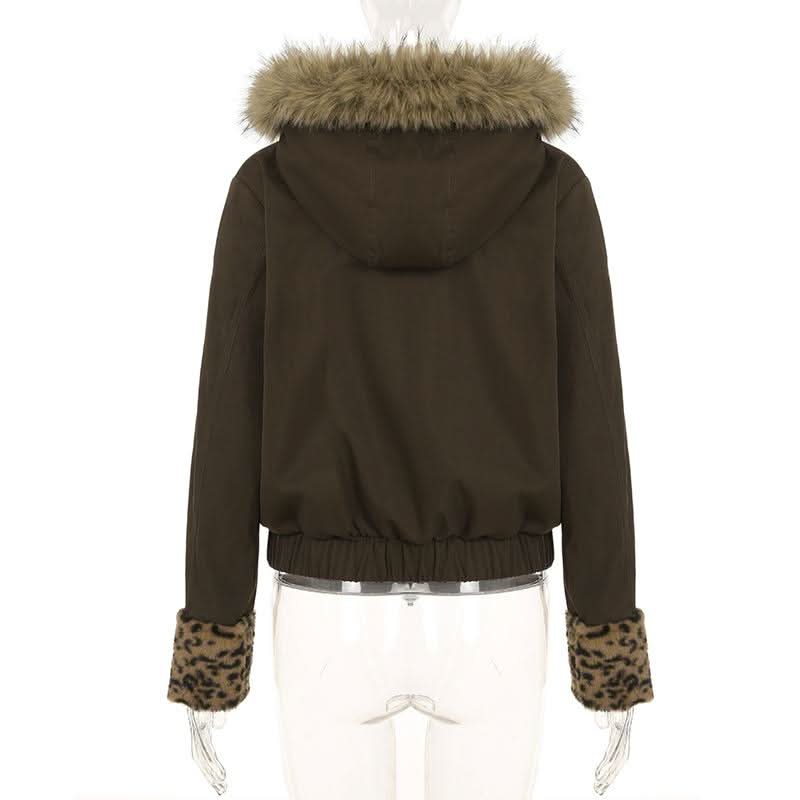 Fluffy hoodie long sleeve leopard print pocket zip-up top