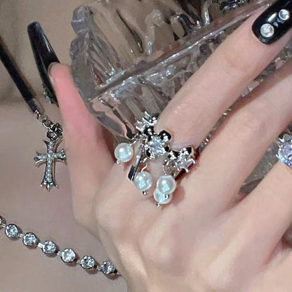 Faux pearl silver adjustable rhinestone ring