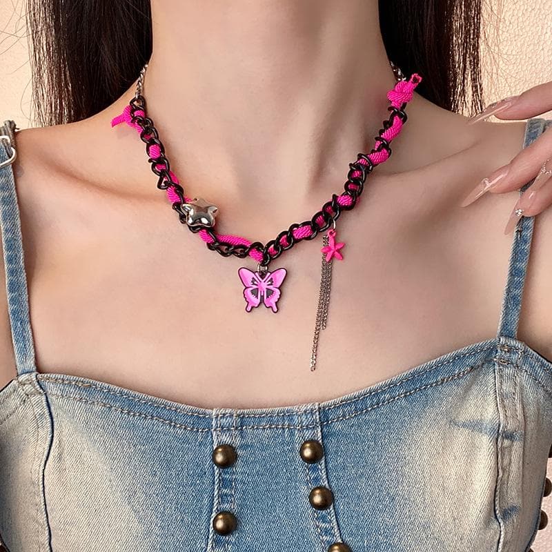 Butterfly tassels contrast chain necklace
