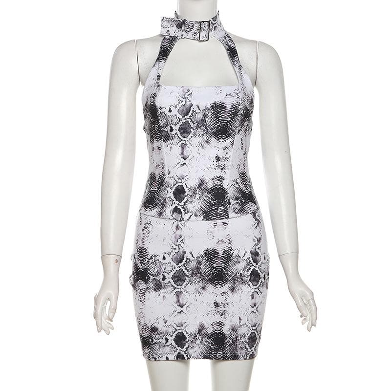Halter snake print buckle backless mini dress