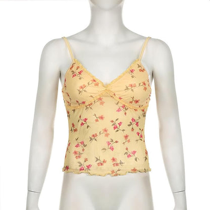 V neck lace hem flower print mesh ruffle cami top