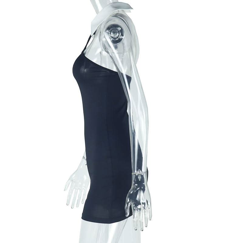 Halter turnover collar button backless mini dress