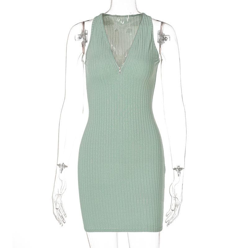Ribbed Zip Front Deep V Halter Neck Bodycon Mini Dress