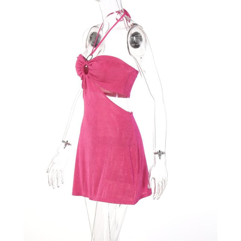 Halter O-Ring Cutout Side Waist Textured Bodycon Mini Dress