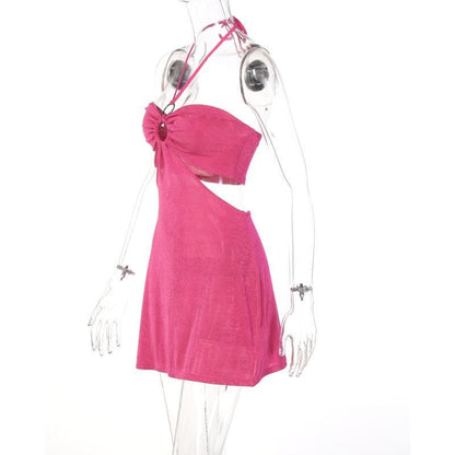 Halter O-Ring Cutout Side Waist Textured Bodycon Mini Dress