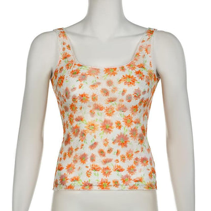 U neck flower print backless cami top
