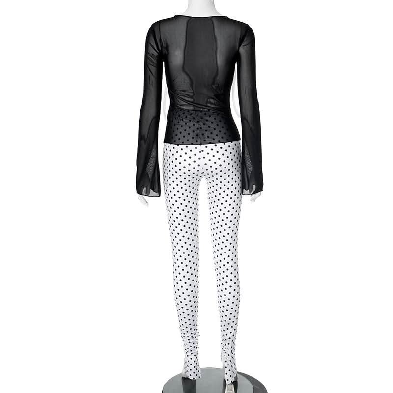 Long sleeve polka dot bowknot mesh crewneck pant set