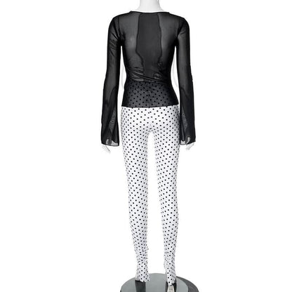 Long sleeve polka dot bowknot mesh crewneck pant set