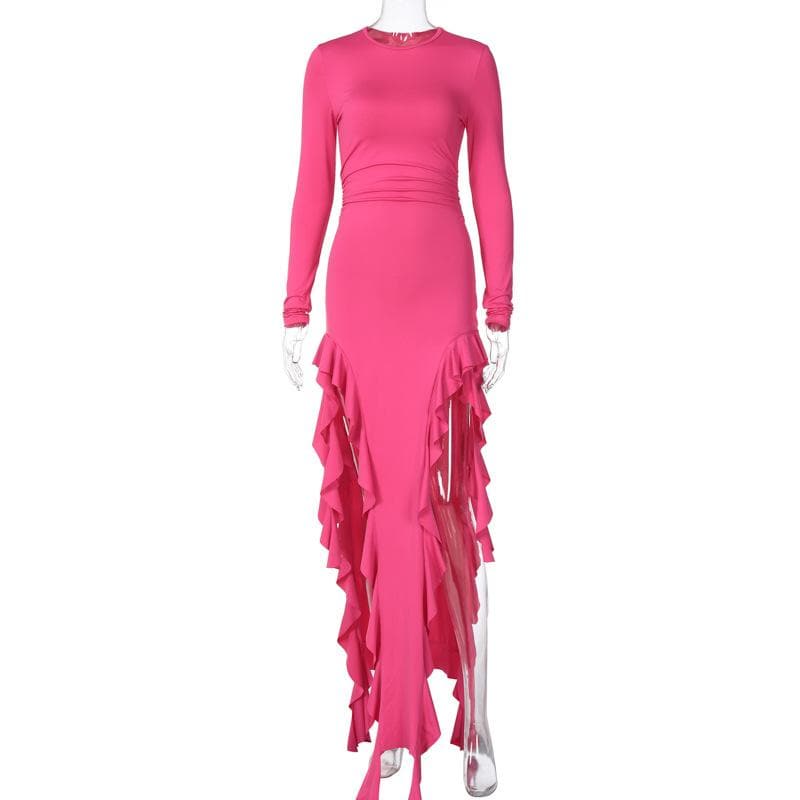 Long sleeve crewneck ruffle slit solid ruched maxi dress- Final Sale