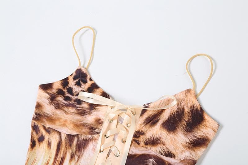Leopard print cross front lace up cami maxi dress