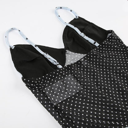 Ruffle polka dot mesh low cut contrast cami top