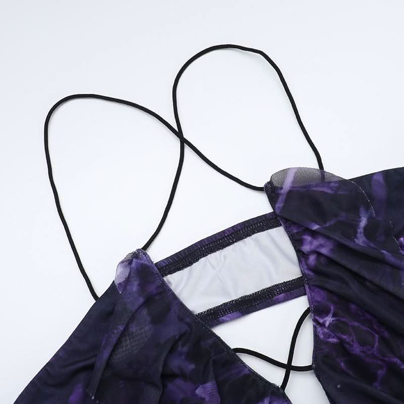 Cross back print ruffle slit spaghetti strap maxi dress