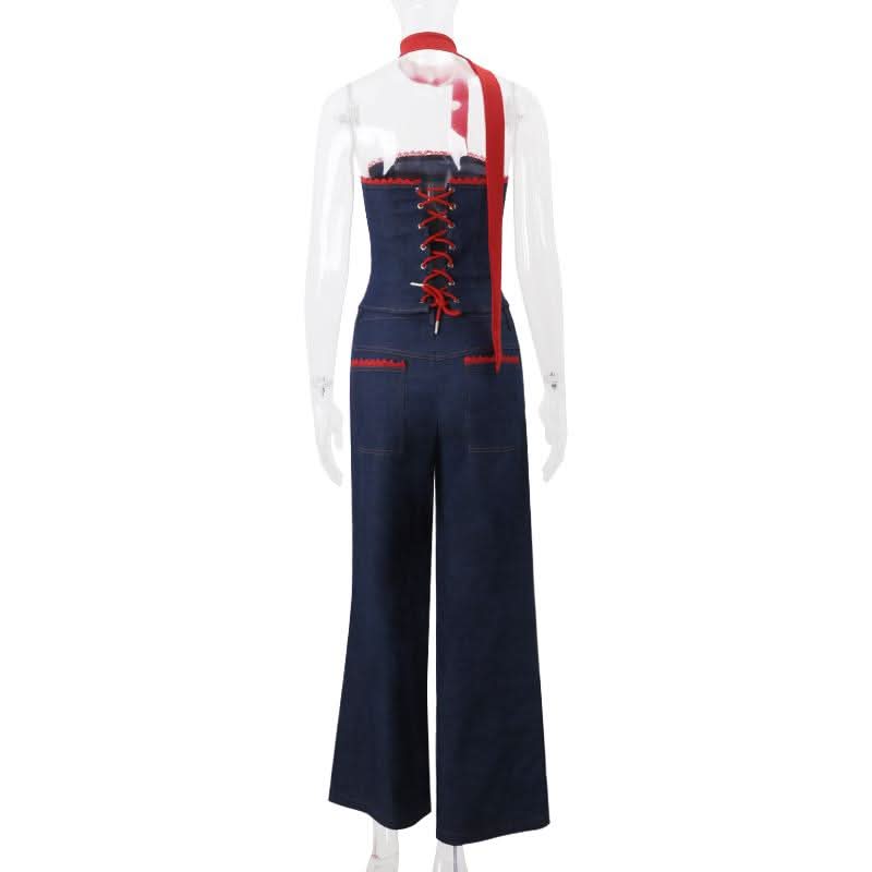 Button pocket lace hem ruched wide leg jeans